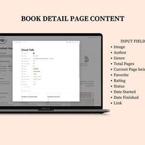 May include: A laptop computer screen displaying a book detail page with the title "Good Talk" and input fields for image, author, genre, total pages, current page being read, favorite, rating, status, date started, date finished, and link.
