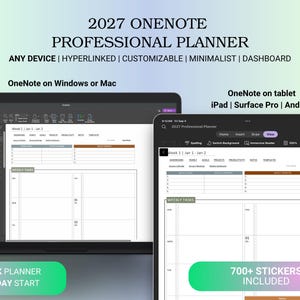 Può includere: Un pianificatore professionale OneNote 2027 visualizzato su un computer portatile e un tablet. L'interfaccia digitale presenta un layout per le attività settimanali con sezioni per obiettivi, progetti e note. Il testo include 2027 ONENOTE PROFESSIONAL PLANNER, ANY DEVICE, HYPERLINKED, CUSTOMIZABLE, MINIMALIST, DASHBOARD, OneNote on Windows or Mac, OneNote on tablet, iPad, Surface Pro, Android, WORK PLANNER SUNDAY START e 700+ STICKERS INCLUDED.