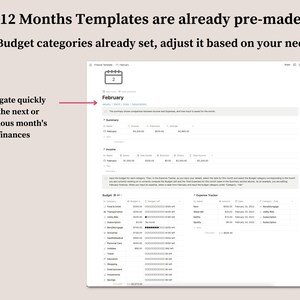 May include: A screenshot of a computer screen showing a budget template for the month of February. The template includes a summary of income and expenses, a budget tracker, and an expense tracker. The template is designed to help users track their finances and make informed decisions about their spending.
