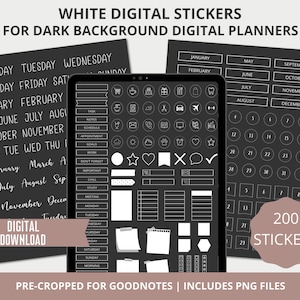 Puede incluir: Un conjunto de 200 pegatinas digitales blancas para planificadores digitales de fondo oscuro. Las pegatinas incluyen meses del año, días de la semana, números y varias formas e iconos.