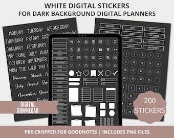Digital Planner Stickers Dark Mode, Precropped Goodnotes Stickers, Dates Days Months PNG Stickers,  Black Templates White Calendar Stickers