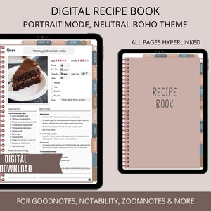 May include: A digital recipe book template for Goodnotes, Notability, Zoomnotes, and other note-taking apps. The cover features a neutral boho theme with a pink background and a title that reads "Recipe Book". The template includes a recipe for Hershey's Chocolate Cake with a picture of a slice of cake on a white plate.