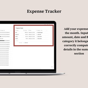 May include: A laptop computer screen displaying a spreadsheet with the title "Expense Tracker". The spreadsheet lists expenses for the month of February, including rent, water bill, Netflix, and Spotify. The text on the screen says "Add your expenses for the month. Input the amount, date and Budget category it belongs to, to correctly compute the details in the summary section."
