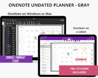 May include: A digital planner template for OneNote, shown on a computer and tablet screen. The planner is undated and features a gray color scheme. The template includes a calendar, to-do list, and notes sections. The text "SUNDAY/MONDAY START" is visible on the computer screen. The text "700+ STICKERS INCLUDED" is visible on the tablet screen.