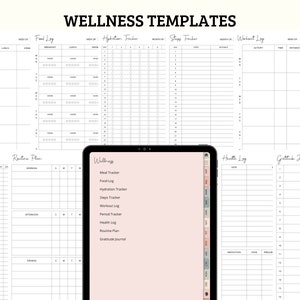 Może przedstawiać: Zestaw szablon&oacute;w wellness, w tym trackery posiłk&oacute;w, jedzenia, nawodnienia i krok&oacute;w, a także dzienniki trening&oacute;w, okres&oacute;w, zdrowia, rutyny i wdzięczności. Szablony są wyświetlane na tablecie i r&oacute;żnych wydrukowanych arkuszach, wszystko w minimalistycznym stylu.