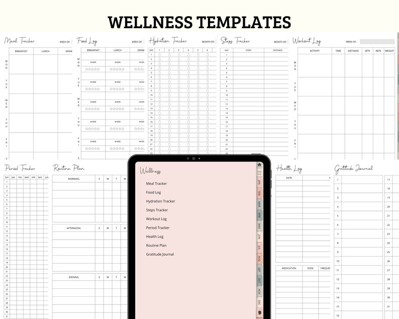 Może przedstawiać: Zestaw szablon&oacute;w wellness, w tym trackery posiłk&oacute;w, jedzenia, nawodnienia i krok&oacute;w, a także dzienniki trening&oacute;w, okres&oacute;w, zdrowia, rutyny i wdzięczności. Szablony są wyświetlane na tablecie i r&oacute;żnych wydrukowanych arkuszach, wszystko w minimalistycznym stylu.