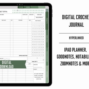 May include: A digital crochet journal planner for iPad, Goodnotes, Notability, and Zoomnotes. The planner features a project detail section with fields for pattern name, yarn used, quantity, per skein, cost, row tracker, and supplies used total. It also includes sections for yarn stash, hook inventory, and patterns.