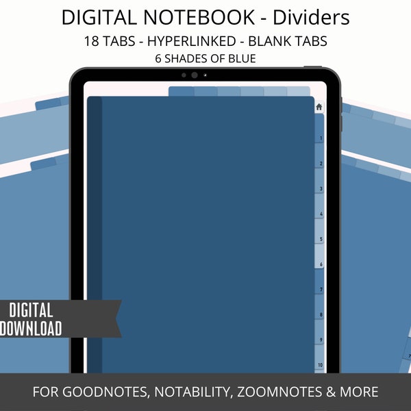 Digital Notebook Tabs Goodnotes, Notebook for iPad, Hyperlinked Tablet Notebook Dividers, Simple Notebook, Blue Neutrals