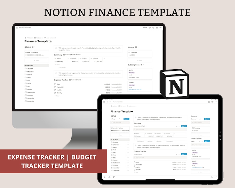 May include: A screenshot of a Notion Finance Template on a computer and tablet. The template includes sections for goals, monthly expenses, income, and subscriptions. The template is designed to help users track their finances and budget.