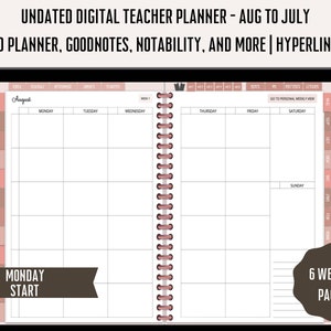 Planificador digital para profesores sin fecha, Planificador digital para profesores de inicio de agosto, Planificador digital para profesores 6 semanal, Goodnotes, Planificador de color oro rosa
