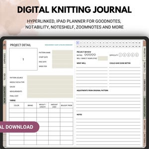 Op de afbeelding: Een digitale brei-journaalsjabloon voor iPad-apps zoals Goodnotes, Notability, Noteshelf en Zoomnotes. De sjabloon bevat een projectdetailgedeelte, een projectbeoordelingsgedeelte en een garenvoorraadgedeelte.