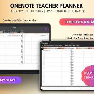 Planejador de Professores OneNote Agosto de 2026 - Julho de 2027, Planejador de Aulas Semanal, Planejador Acadêmico Datado para Professores, Planejador Escolar para Surface Pro, Windows e Mac.