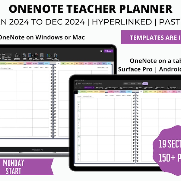 Planificador de profesores de OneNote, Planificador escolar de OneNote Inicio de enero, Planificador de profesores con fecha de 2024, Planificador de lecciones semanal, Planificador Surface Pro