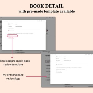 May include: Screenshot of a computer screen showing a reading tracker app. The app has a section for book details, including title, author, and a link to the book. There is a button to load a pre-made book review template.