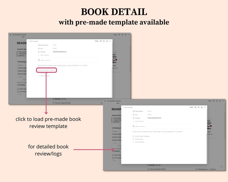 May include: Screenshot of a computer screen showing a reading tracker app. The app has a section for book details, including title, author, and a link to the book. There is a button to load a pre-made book review template.