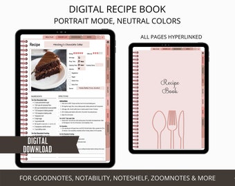 Digital Recipe Book Goodnotes, Notability, Digital Recipe Planner, Digital Cookbook, Portrait Recipe Book, Rose Gold Themed Journal