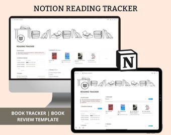 May include: A screenshot of a Notion page with a reading tracker template. The page features a bookshelf with several books, a reading challenge section, and a favorite quotes section. The page is designed to help users track their reading progress and organize their book reviews.