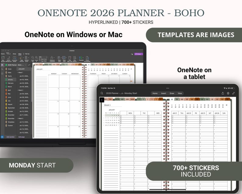 2026 OneNote Digitaler Planer für Surface Pro, OneNote Digitaler Planer Template für Windows, Mac, iPad, Android, One Note Journal Bild 1