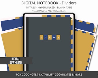 Digitale notebooktabs, notitieboek voor iPad, gelinkte tablet-notebookverdelers, eenvoudig notitieboek, geelgoud koningsblauw GoodNotes-notitieboek
