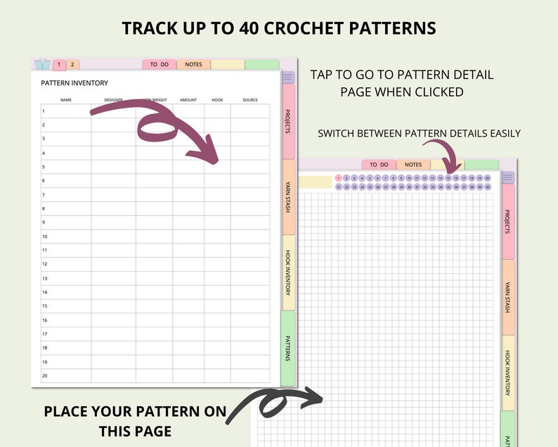May include: A printable crochet pattern tracker with a grid for up to 40 patterns. The tracker includes sections for yarn stash, hook inventory, to-do list, and notes. The text "TRACK UP TO 40 CROCHET PATTERNS" is at the top of the page.