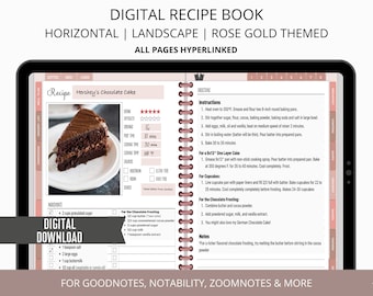 Digital Recipe Book Goodnotes, Digital Recipe Planner, Hyperlinked Planner, Horizontal Recipe Book, Recipe Journal Landscape, Rose Gold