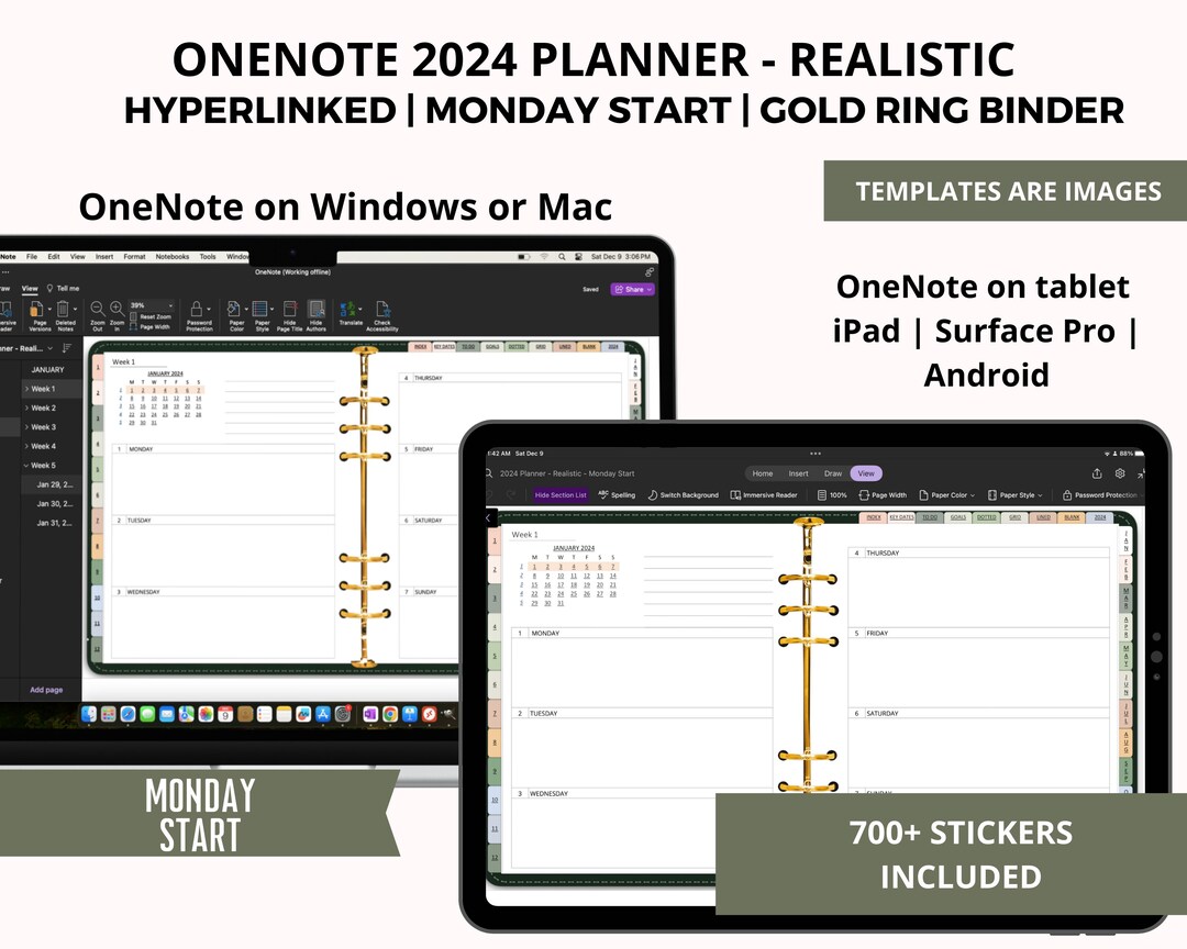 2024 Onenote Digital Planner, Surface Pro Digital Planner, Productivity