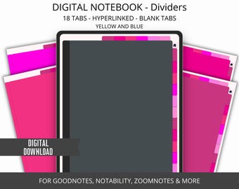 May include: Digital notebook dividers with 18 tabs in pink and gray. The tabs are hyperlinked and blank. The text "DIGITAL DOWNLOAD" is on the left side of the image. The text "FOR GOODNOTES, NOTABILITY, ZOOMNOTES & MORE" is at the bottom of the image.
