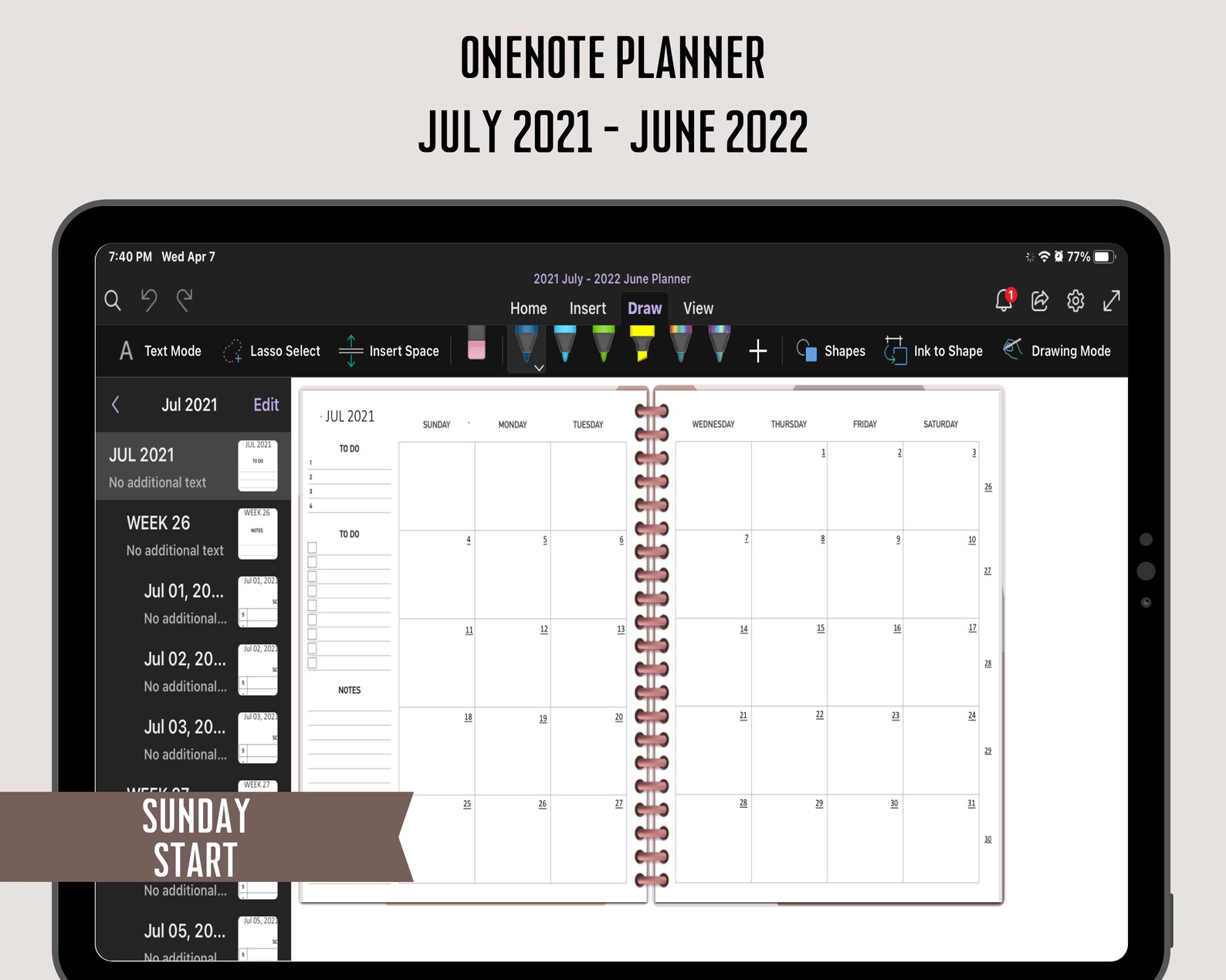 OneNote Digital Planner July 2021 June 2022 OneNote Planner | Etsy