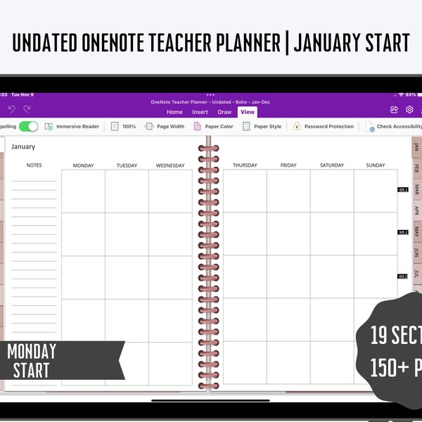 OneNote Teacher Planner, Weekly Lesson Planner, Undated Teacher Planner Digital , OneNote School Planner January Start, Surface Pro Planner
