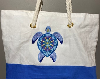 Sea Turtle Embroidered Canvas Tote Bag