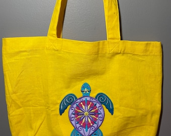 Yellow Tote Bag with Embroidered Sea Turtle