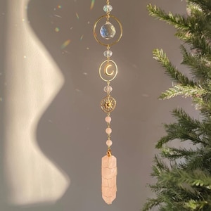 Rose Quartz Suncatcher Moon Sun Catcher with Natural Crystal Gift for Her Celestial Decor Healing Crystal Suncatcher Gemstone Window Decor
