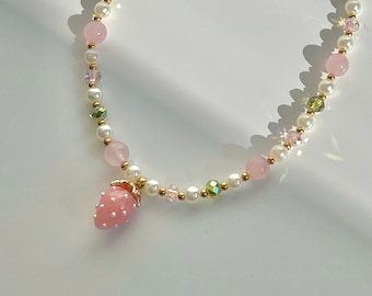 Strawberry Beaded Necklace: Rose Quartz, Pearl & Iridescent Glass