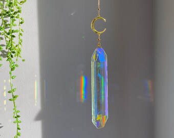 Moon Suncatcher for Window, Crystal Sun Catcher Window Prism, Rainbow Maker Light Catcher, Aurora Borealis Pendant AB Colour Home Decor Gift