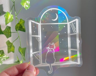 Cat Suncatcher Sticker Window Sun Catcher Sticker, Cat on Window Ledge Window Decal, Rainbow Maker Light Catcher Cat Lover Gift Cute Sticker