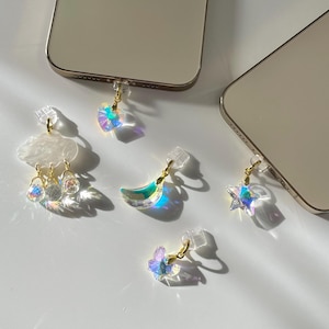 Breloque pour téléphone en verre et cristal, prise anti-poussière, breloque Kindle, prise USB C, breloque étoile lune, nuage, coeur, papillon, attrape-soleil pour téléphone portable