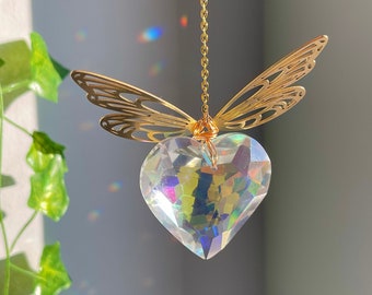 Butterfly Wings Crystal Suncatcher for Window, Heart Crystal Sun Catcher, Window Prism Rainbow Maker, Memorial Suncatcher, Heart with Wings