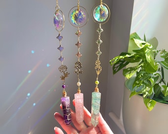 Birth Flower Crystal Suncatcher: Rose Quartz, Amethyst, Fluorite Gemstone Window Decor