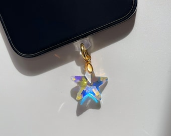 Star Phone Charm, Unique Iridescent Phone Accessory, Cute Glass Charm Anti Dust Plug, Faceted Glass Star Pendant, Mobile Phone Suncatcher