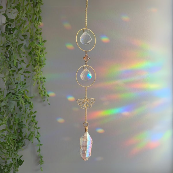 Angel Aura Quartz Suncatcher for Window Butterfly Suncatcher Light Catcher Crystal Sun Catcher Rainbow Wind Chime, Gemstone Suncatcher Prism