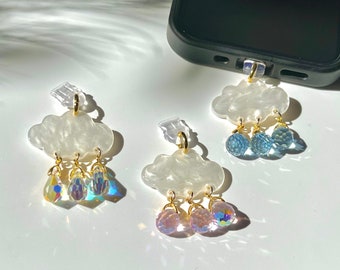 Cloud Phone Charm, Imitation White Mother of Pearl Shell Cloud with Glass Crystal Raindrops, Cute Mobile Phone Suncatcher, Anti Dust Plug