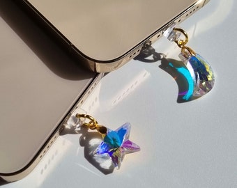 Iridescent Star Moon Phone Charm: Glass Crystal Suncatcher