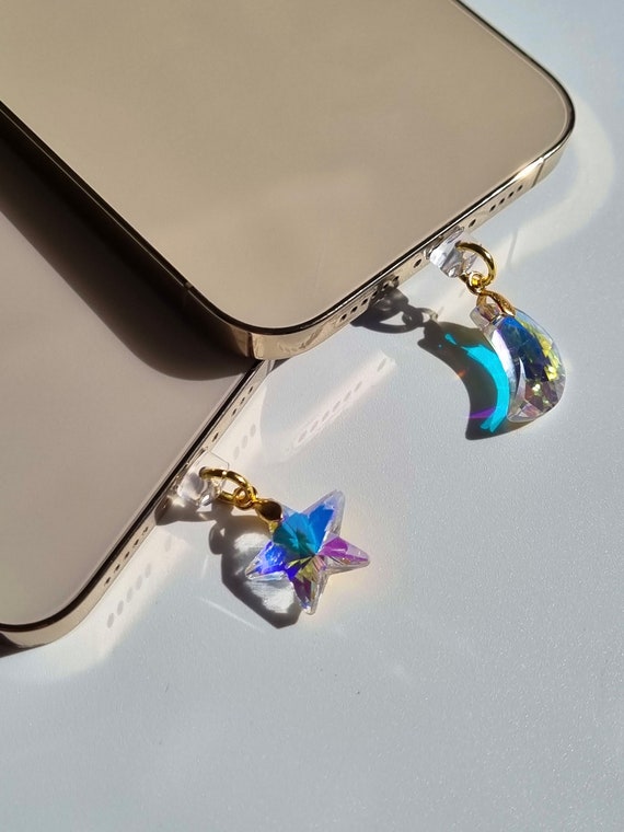 Iridescent Star Moon Phone Charm: Glass Crystal Suncatcher