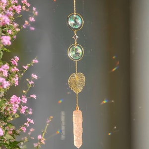 Rose Quartz Crystal Suncatcher: Monstera Leaf Rainbow Maker