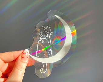 Moon and Cat Suncatcher Sticker Window Decal, Cat Holographic Sticker Rainbow Maker Cat Lover Gift, Cat Sun Catcher Sticker, Celestial Decor