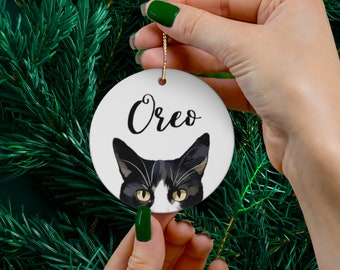 Tuxedo Cat Ornament, Personalized Tuxedo Cat Christmas Ornament, Custom Black and White Cat Ornament, Christmas Tree Porcelain Cat Ornament
