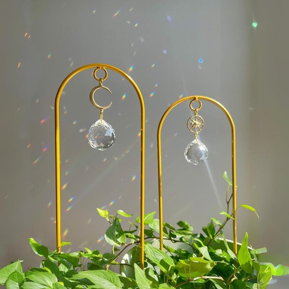 Plant Stake Suncatcher: Sun & Moon Metal Trellis, Houseplant Decor