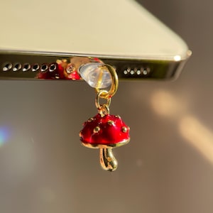 Amuleto para teléfono con forma de hongo: tapón antipolvo con forma de hongo esmaltado en oro