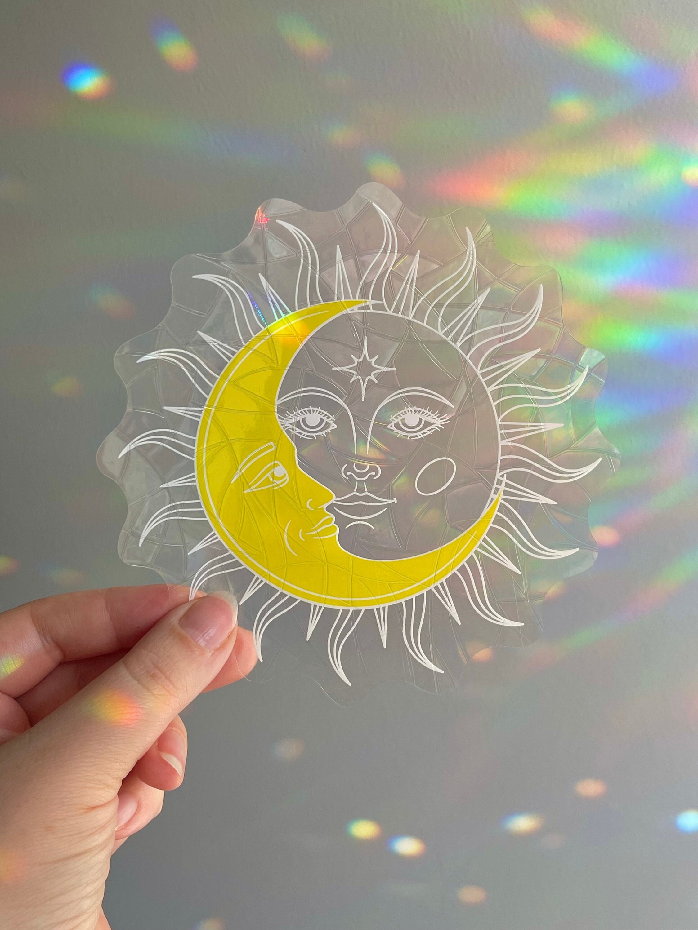 Sun and Moon Suncatcher Sticker, Boho Sun Catcher Sticker Rainbow Maker Window Film Prismatic Sticker Window Decal Boho Rainbow Window Cling