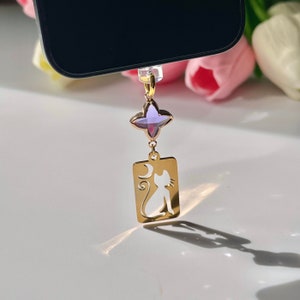 Cat Phone Charm, Anti Dust Plug Cat Themed Gifts Cute Kawai Phone Charm for Cat Lover Beaded Phone Charm with Cat and Moon Anime Phone Charm